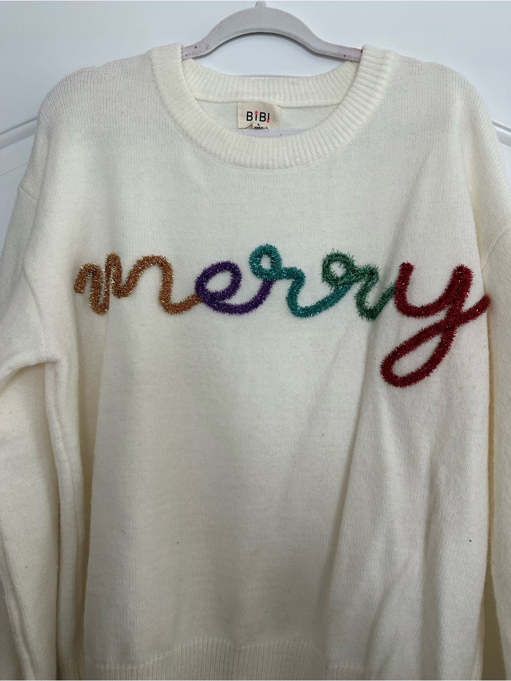 BiBi Cream Sweater with Multicolor 'merry' Embroidery